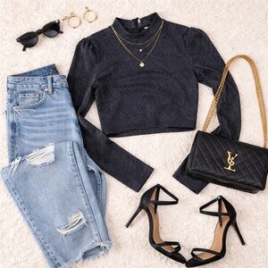 H&M Black Metallic Sparkle Mock Neck Long Sleeve Crop Top Size 2